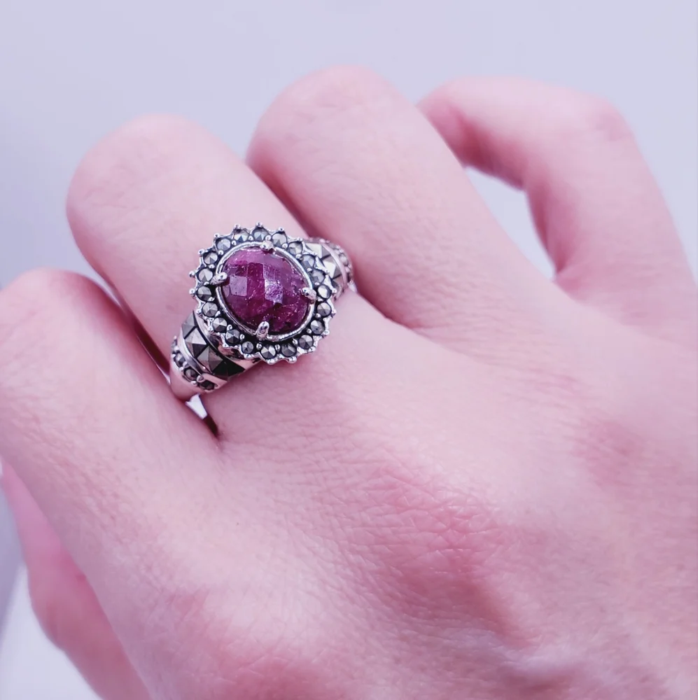 Genuine Checkerboard Cut Oval Ruby & Marcasite 925 Sterling Silver Halo …
